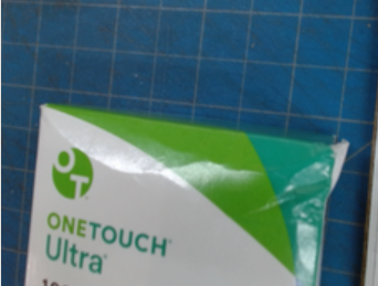 Mildly damaged diabetic test strip box that still qualifies for 50 percent payout at Cash for Diabetics