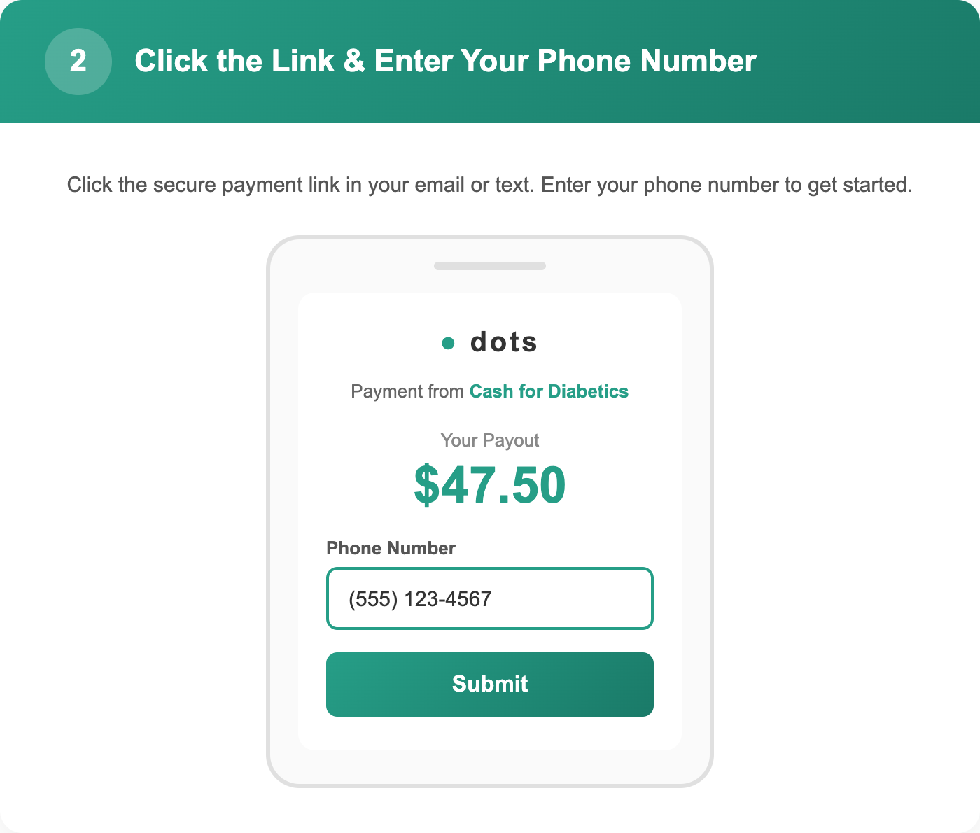 Dots payment page showing payout amount and phone number entry