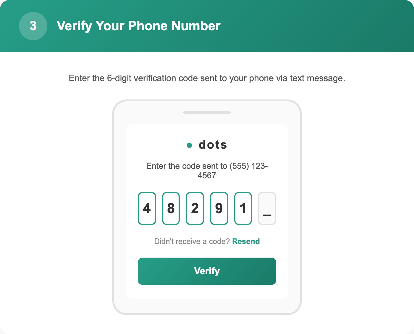 Phone verification screen with 6-digit code entry on Dots payment page